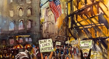 شوقي دلال يوثق تظاهرات نيويورك بلوحة فنية